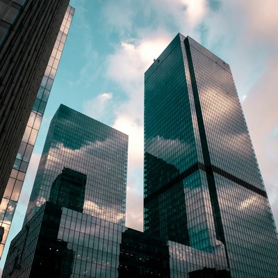 Skyscrapers reflecting sky colors