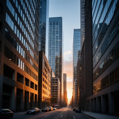Sunset over city skyline