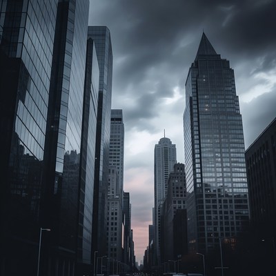 Urban skyline under cloudy sky