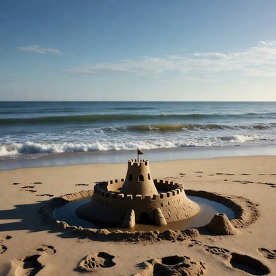 Sand castle by the shore at sunset
