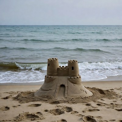 Sand castle on the beach shoreline