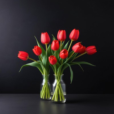 Bright red tulips in glass vases