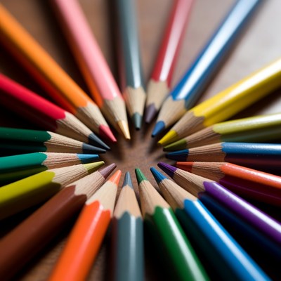 Colorful circle of pencils on a table