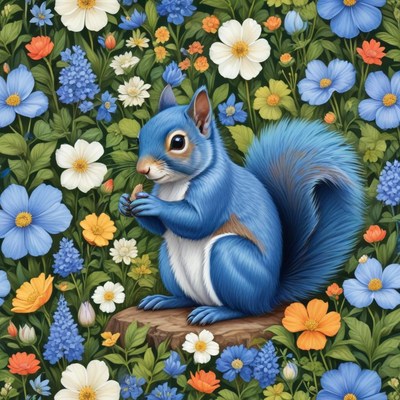 Blue squirrel among flowers