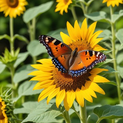Butterfly on sunflower in garden