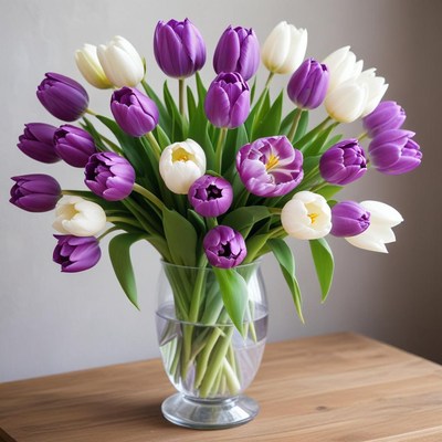 Colorful tulip bouquet on table