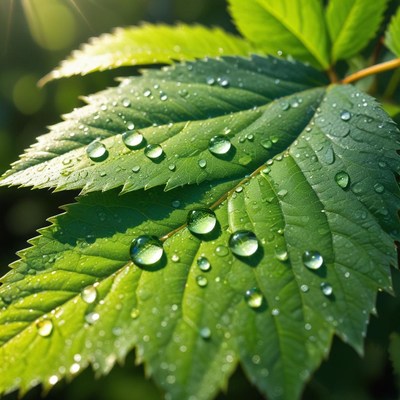 Nature's droplets on fresh leaves