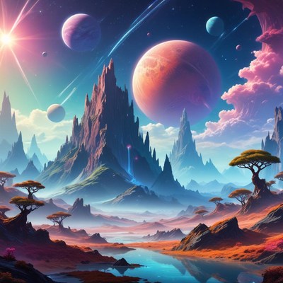 Cosmic mountain landscape at dawn