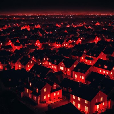Red glow envelops quiet neighborhood at night
