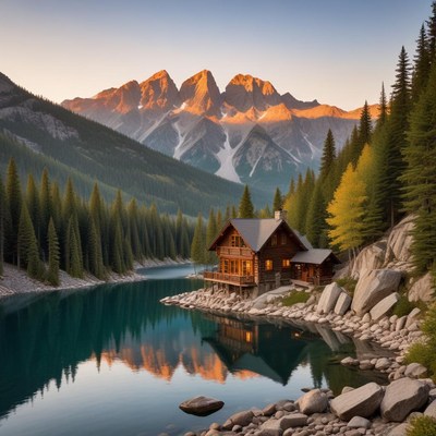 Scenic cabin by mountain lake