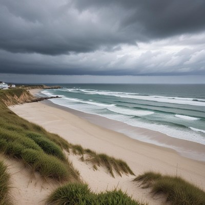 Coastal scene with dark clouds above