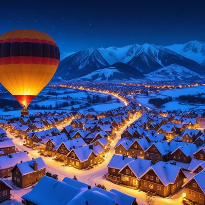 Hot air balloon above snowy village