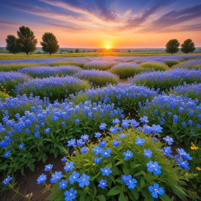 Beautiful sunset over flower field