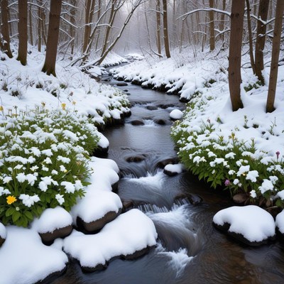 Winter stream with snow and flowers