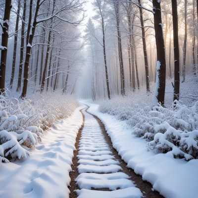 Snowy forest path in winter
