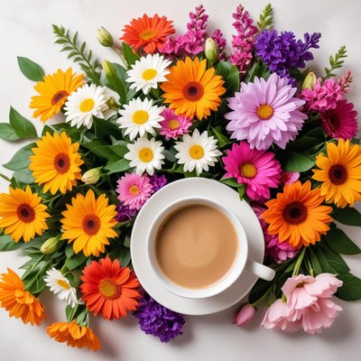 Colorful flowers and coffee setup