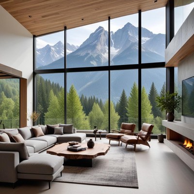 Modern living room with mountain view