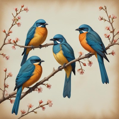 Colorful birds perched on branch