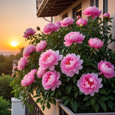 Pink peonies bloom at sunset