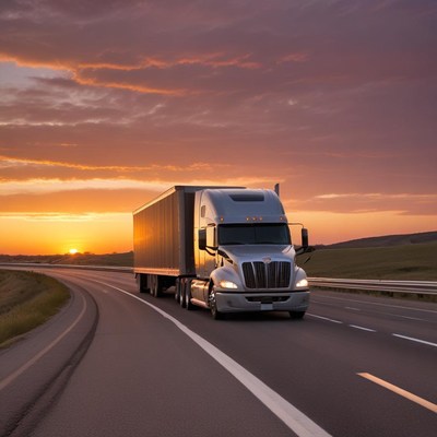 Long-haul truck at sunset on highway