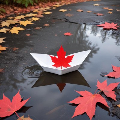 Paper boat in autumn leaves