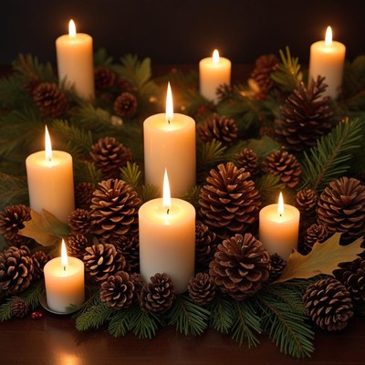 Cozy candle arrangement with pinecones