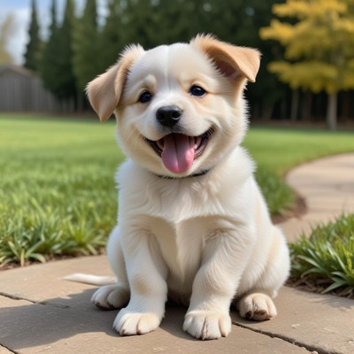 Happy puppy sitting in garden