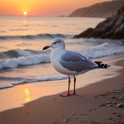 Seagull by the sunset shore