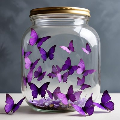 Colorful butterflies in a glass jar