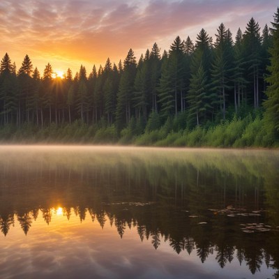 Sunset over calm lake reflection