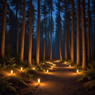 Lantern-lit path in a forest