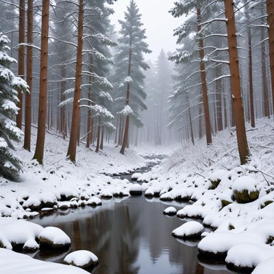 Winter landscape with snowy stream