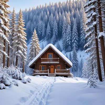 Cozy cabin in snowy forest
