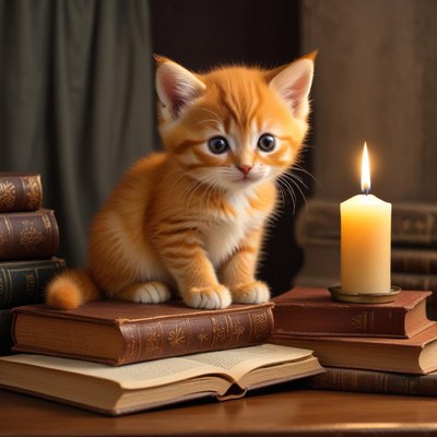 Playful kitten sitting on books