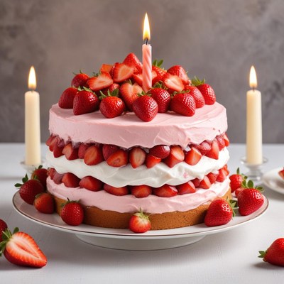 Celebratory strawberry cake with candles