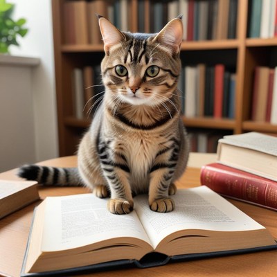 Cat reading on a book