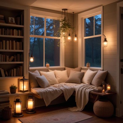 Cozy corner with warm lights and soft pillows