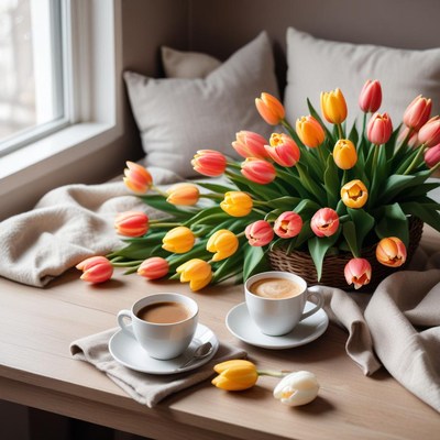 Enjoying coffee with bright tulips