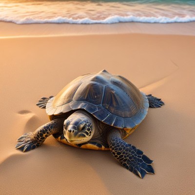 Turtle on sandy beach at sunset