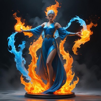 Elemental sorceress conjuring flames and ice