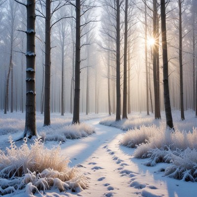 Winter forest path at sunrise