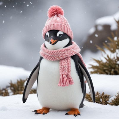 Penguin in winter outfit on snow