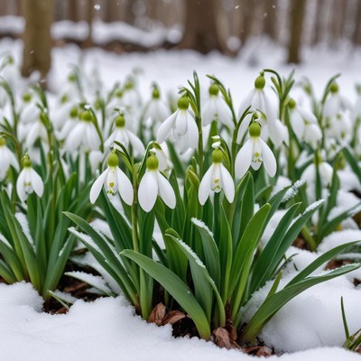 Snowdrops blooming in winter forest