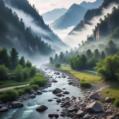 Serene mountain valley at dawn