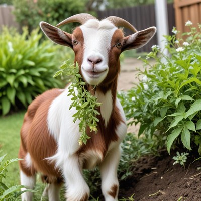 Goat enjoying fresh greens in garden