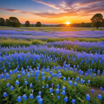 Vibrant blue flowers at sunset
