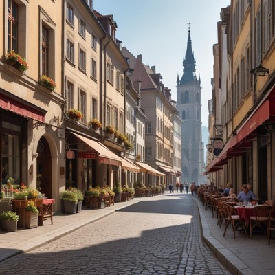 Charming street with cafe tables