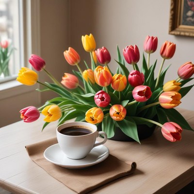 Colorful tulips and coffee delight