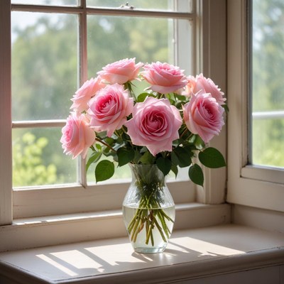 Pink roses by the window
