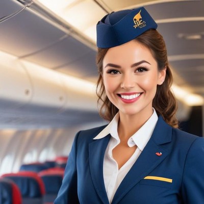 Smiling flight attendant on an airplane